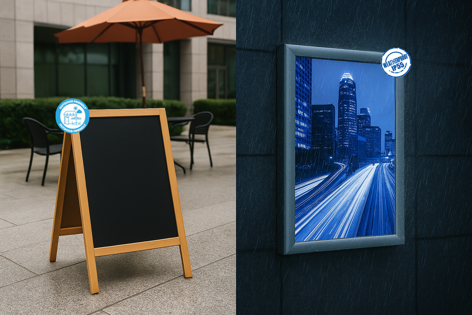 Porównanie produktów Outdoor Friendly i Weatherproof – potykacz na zewnątrz oraz wodoodporna rama w deszczu.