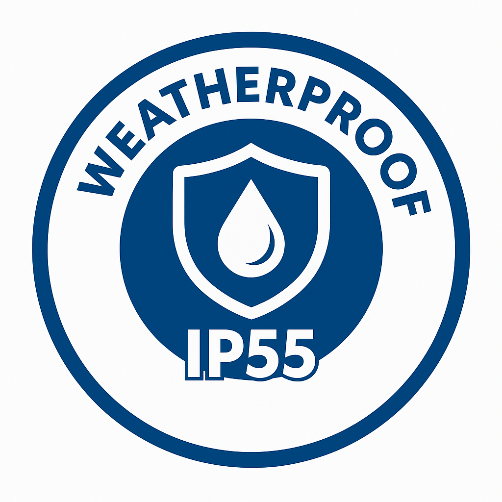 Ikona Weatherproof IP55 – oznaczenie produktu o podwyższonej odporności na deszcz i wilgoć.
