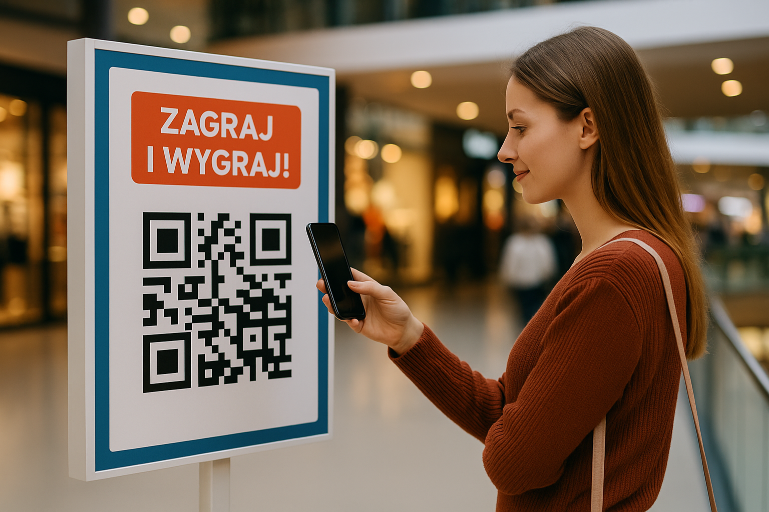 Kobieta skanująca kod QR z plakatu reklamowego z napisem „Zagraj i wygraj!” w galerii handlowej.