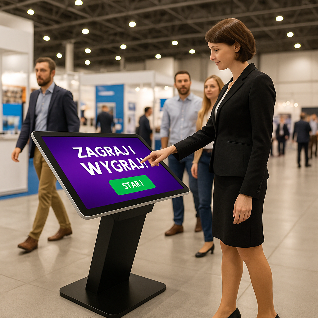 Kobieta w eleganckim stroju korzysta z infokiosku dotykowego na targach, na ekranie widoczny napis „Zagraj i wygraj!”.