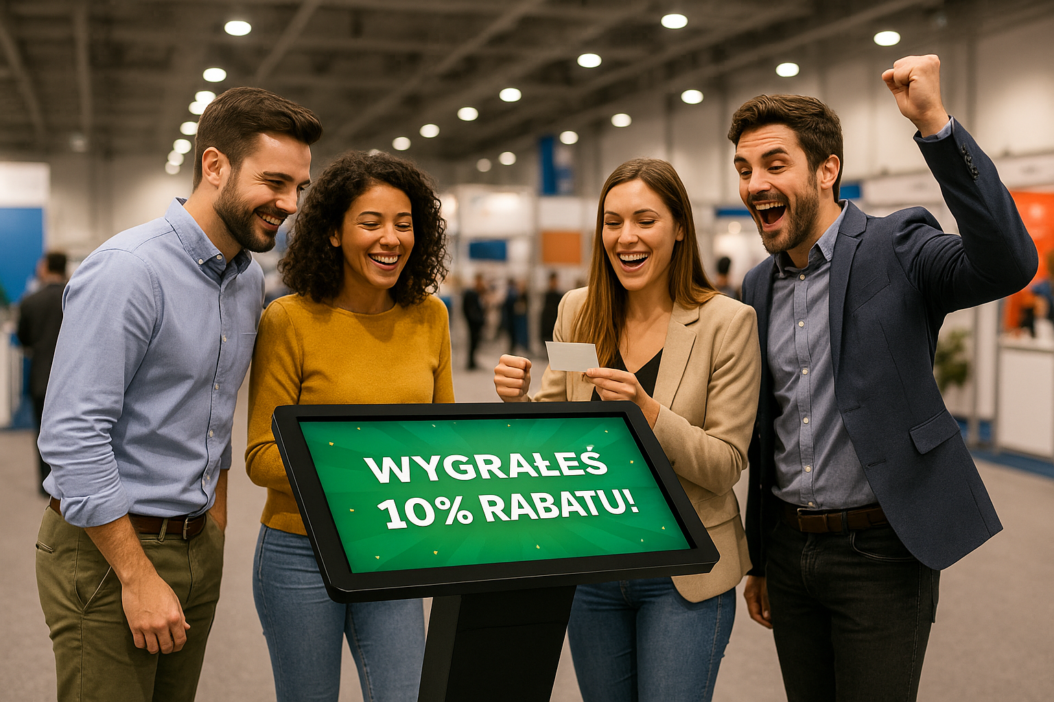 Grupa osób świętująca wygraną przy infokiosku na targach, na ekranie widoczny napis „Wygrałeś 10% rabatu!”.