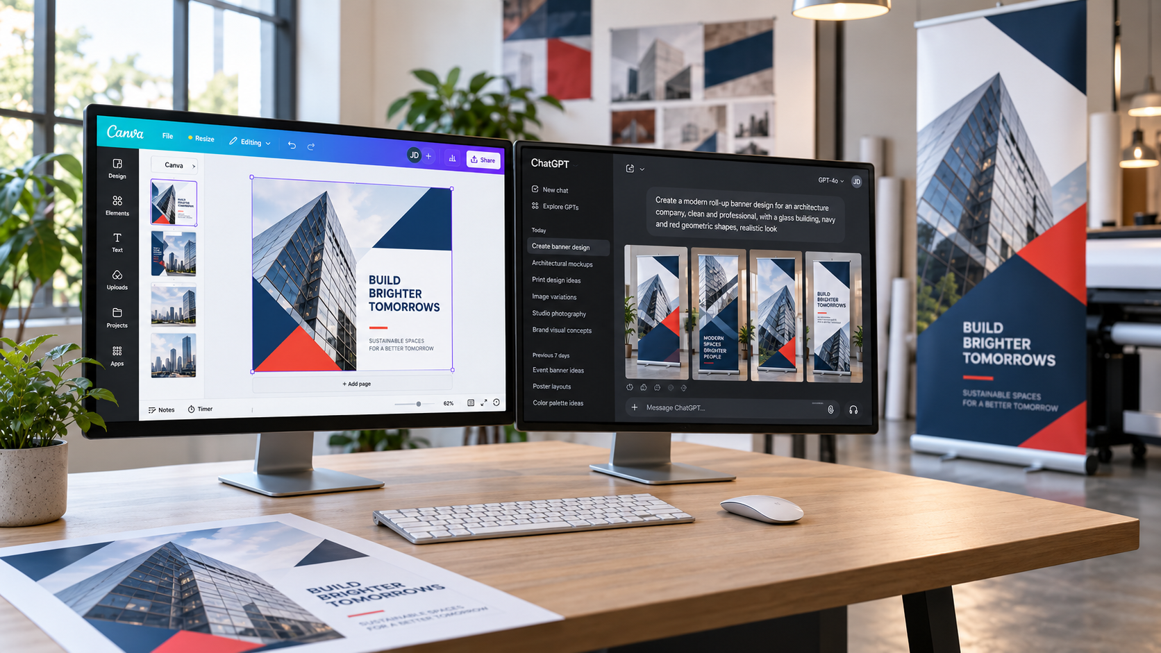 Projekt reklamowy tworzony w Canvie i z pomocą grafiki AI, pokazany na monitorach obok gotowego roll-upa.