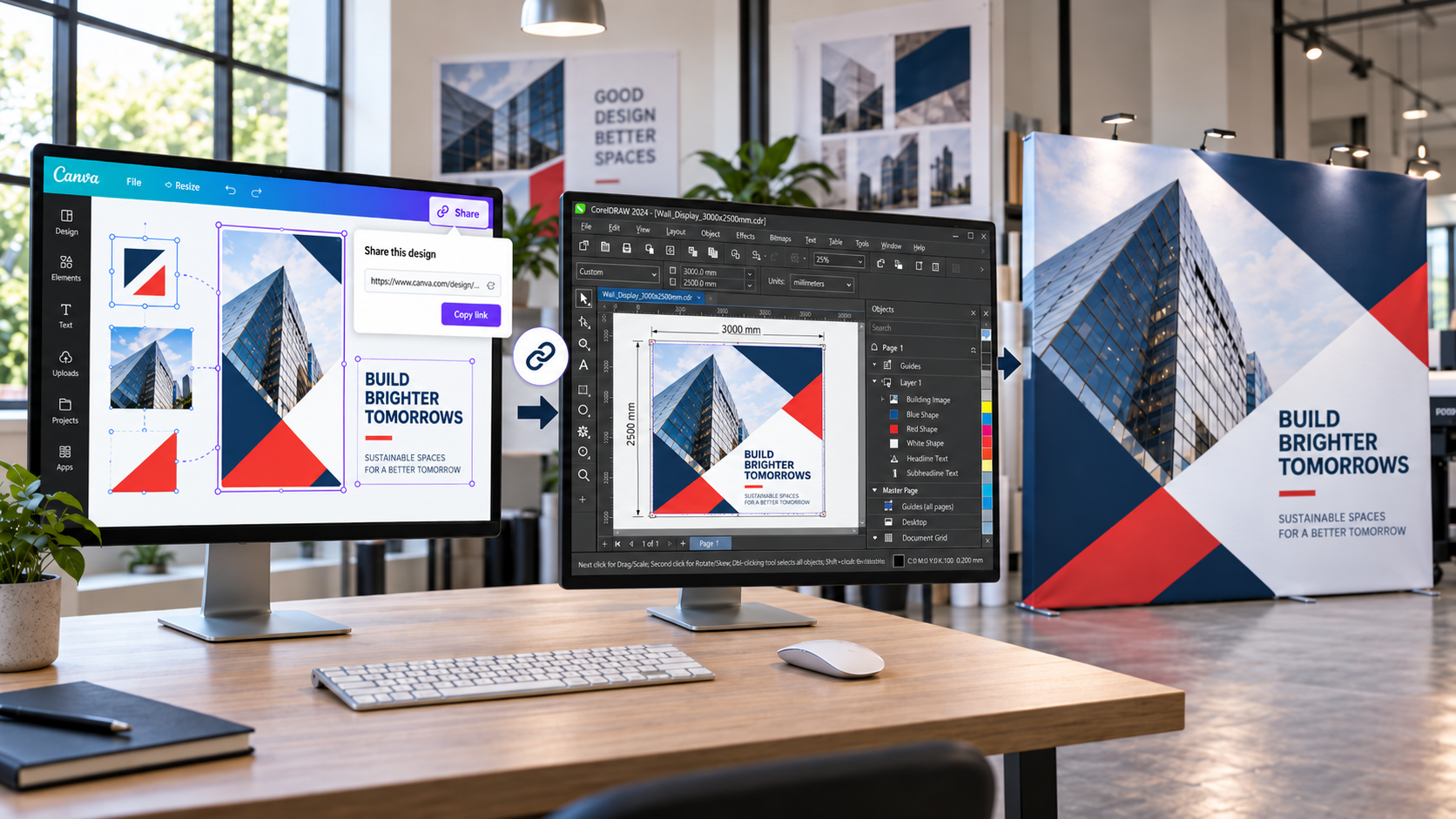 Projekt z Canvy przenoszony do CorelDRAW i dopasowywany do finalnego formatu ścianki reklamowej.