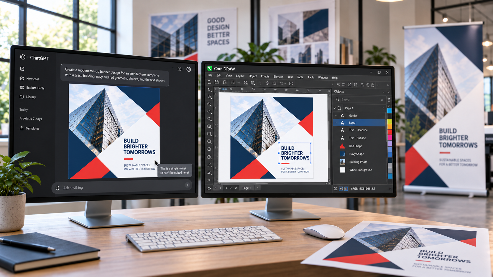 Grafika AI jako jeden obraz oraz ten sam projekt otwarty w CorelDRAW z możliwością edycji osobnych elementów.
