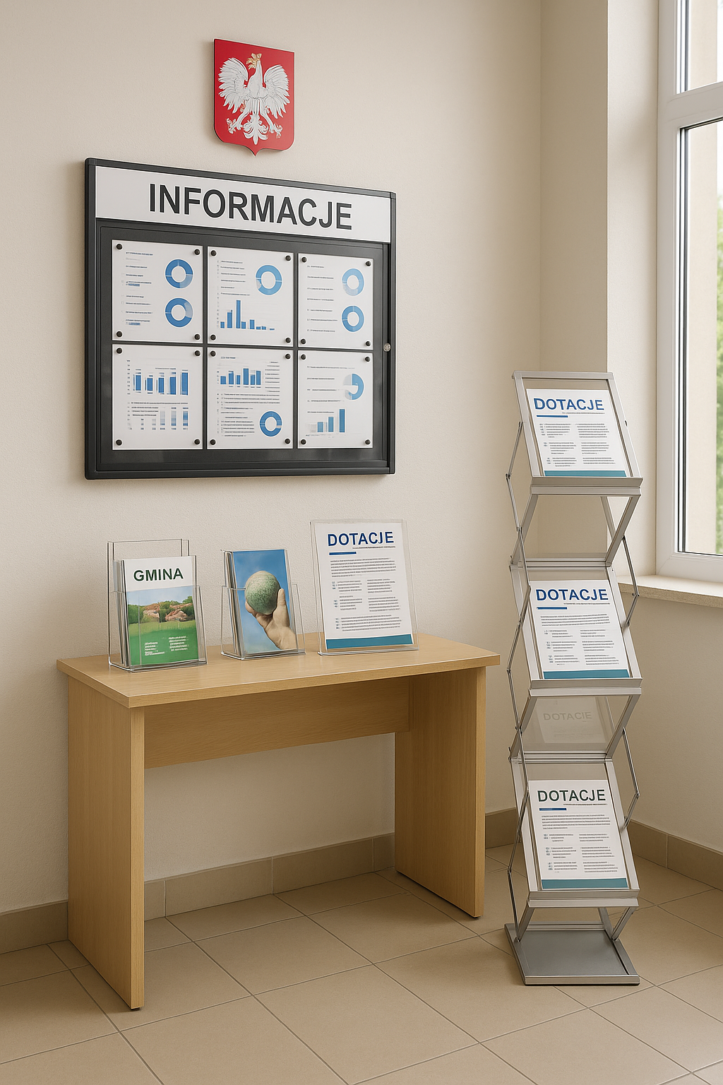 Wizualizacja AI przedstawiająca kącik informacyjny w urzędzie z gablotą i stojakami na ulotki.