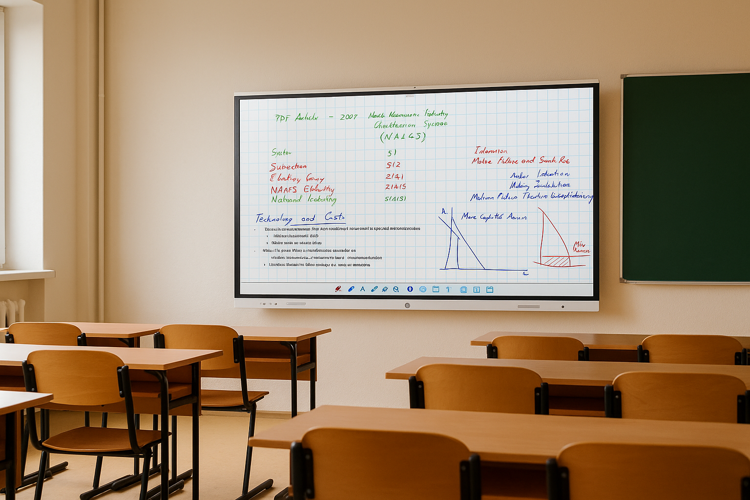 Wizualizacja AI sali lekcyjnej z tablicą multimedialną – nowoczesne rozwiązanie dla szkół.