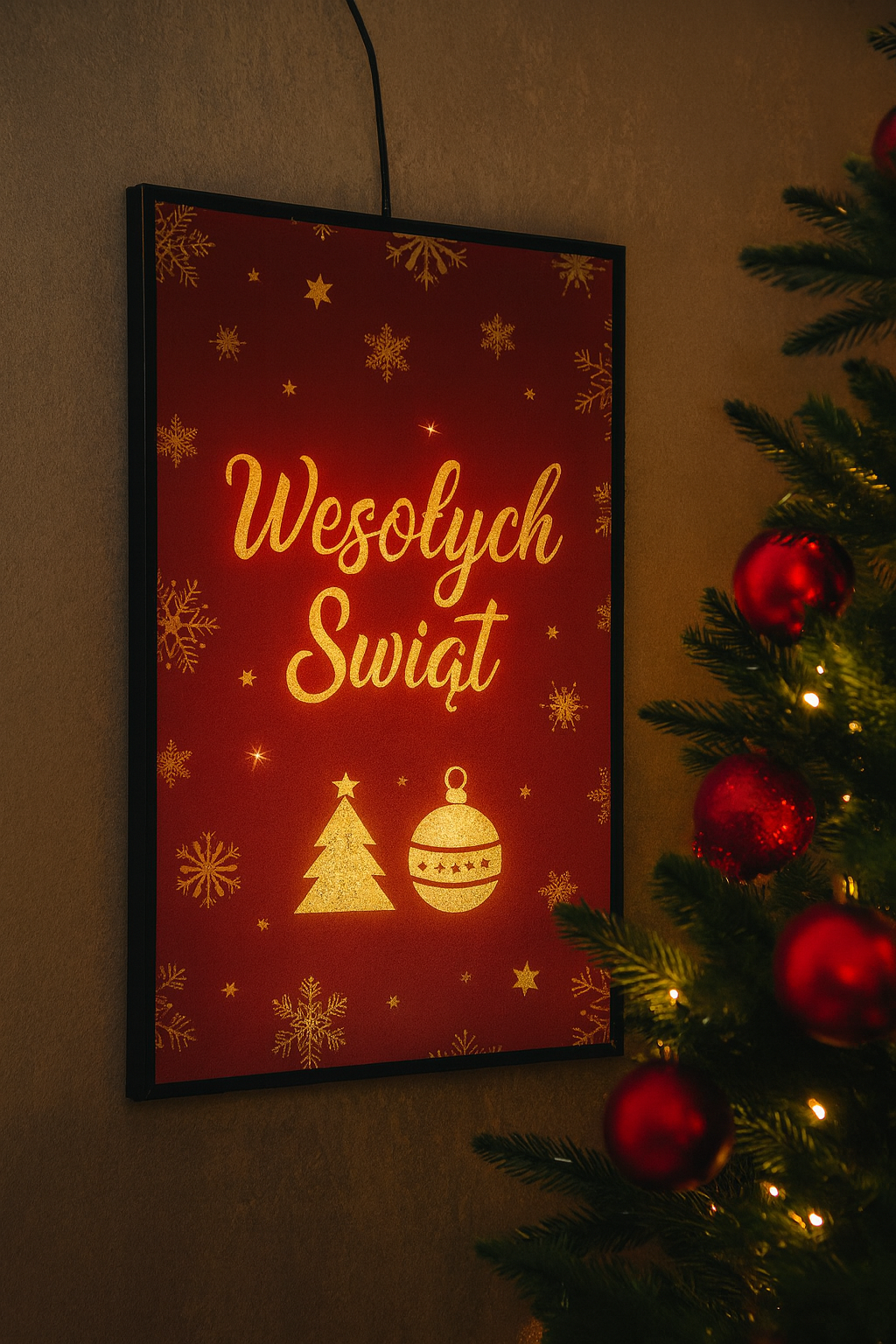 Wisząca ramka LED z czerwonym, świątecznym plakatem ‘Wesołych Świąt’ – dekoracja ścienna na wigilię firmową