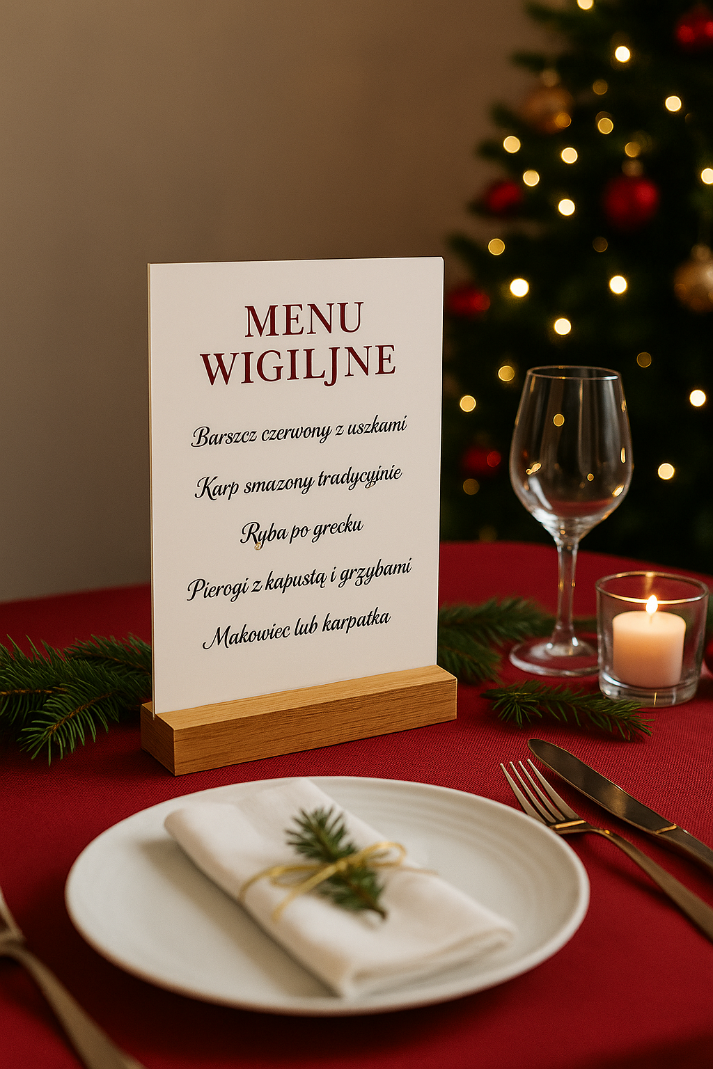 Stojak stołowy z kartą menu wigilijnego ustawiony na świątecznie nakrytym stole