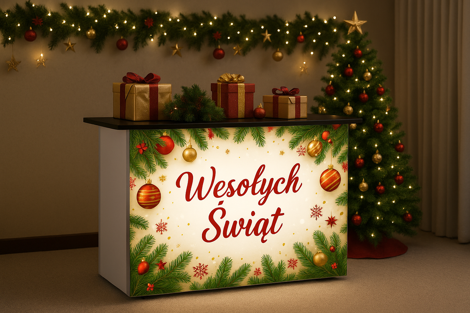 Podświetlana trybunka LED z grafiką świąteczną i prezentami – aranżacja wigilii firmowej