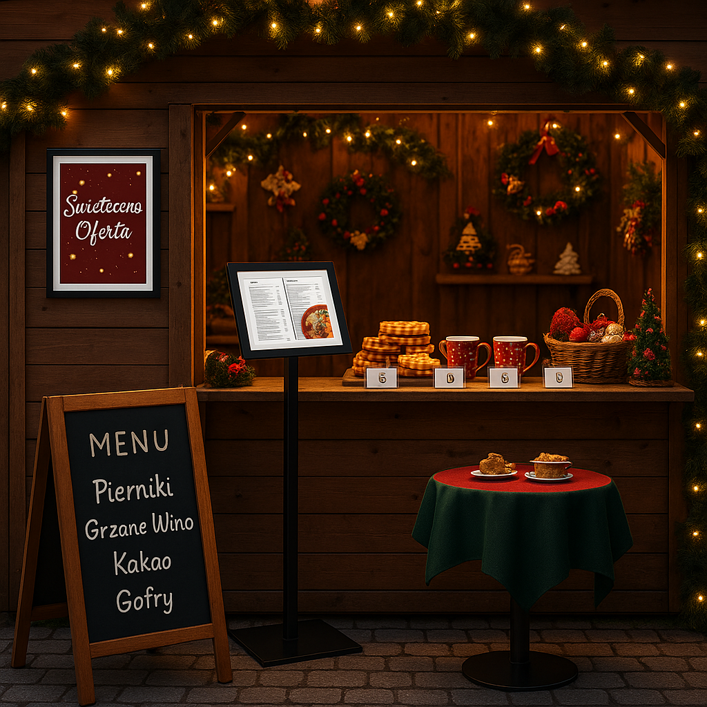 Świąteczne stoisko na jarmarku bożonarodzeniowym z ramką LED, potykaczem i menu