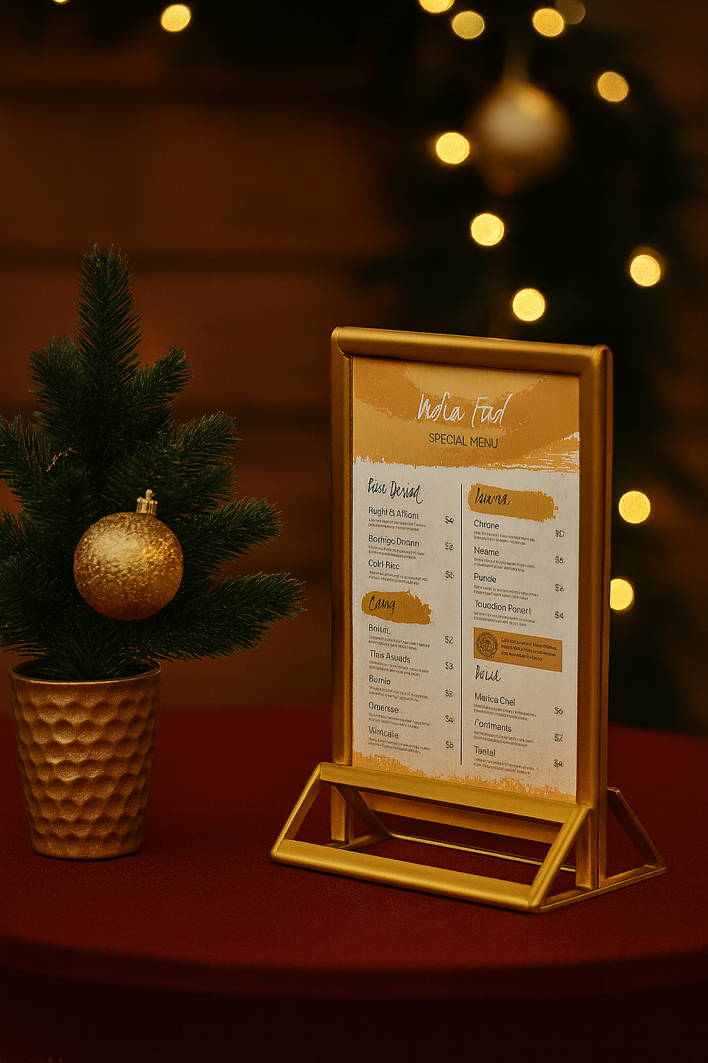 Złoty stojaczek na menu z świąteczną dekoracją na ladzie jarmarku
