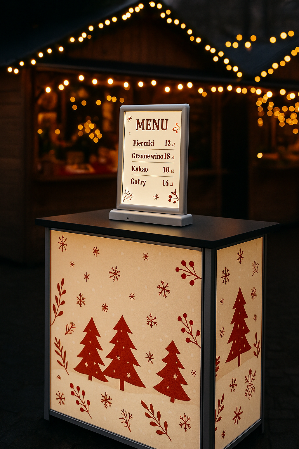 Trybunka LED z podświetlanym stojakiem na menu podczas jarmarku świątecznego