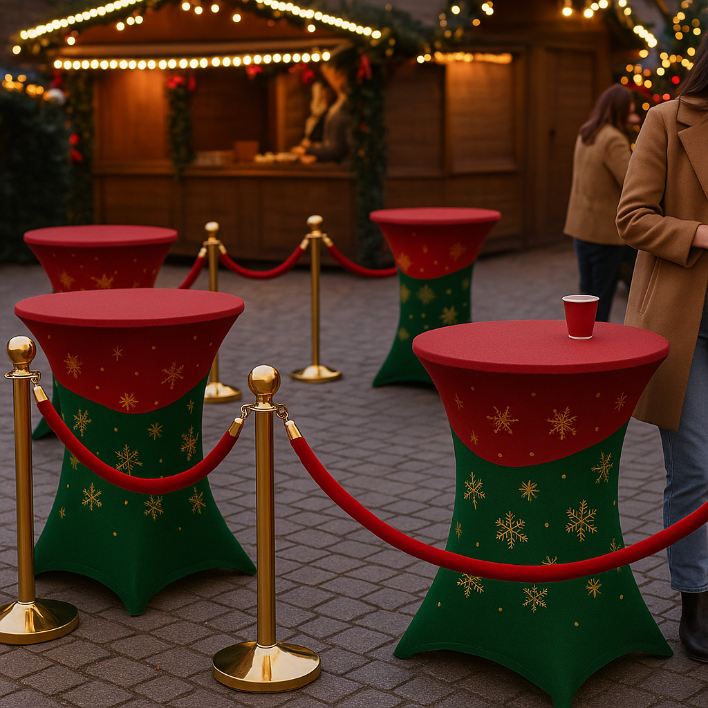 Strefa degustacyjna na jarmarku świątecznym ze stolikami i słupkami odgradzającymi