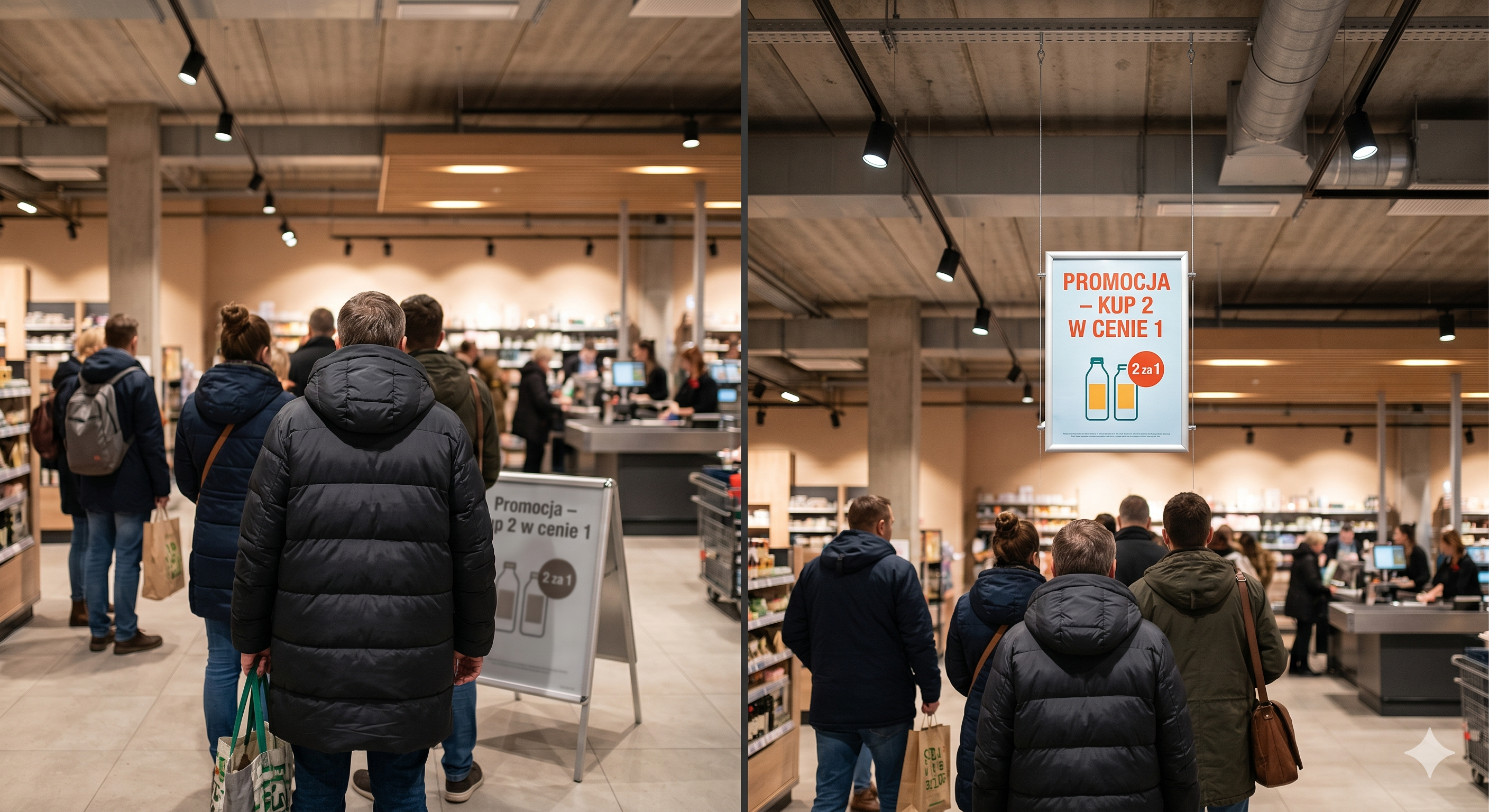 Klienci stojący w kolejce w sklepie – porównanie widoczności reklamy: zasłonięty stojak wolnostojący vs. dobrze widoczny system wiszący z ramką na linkach