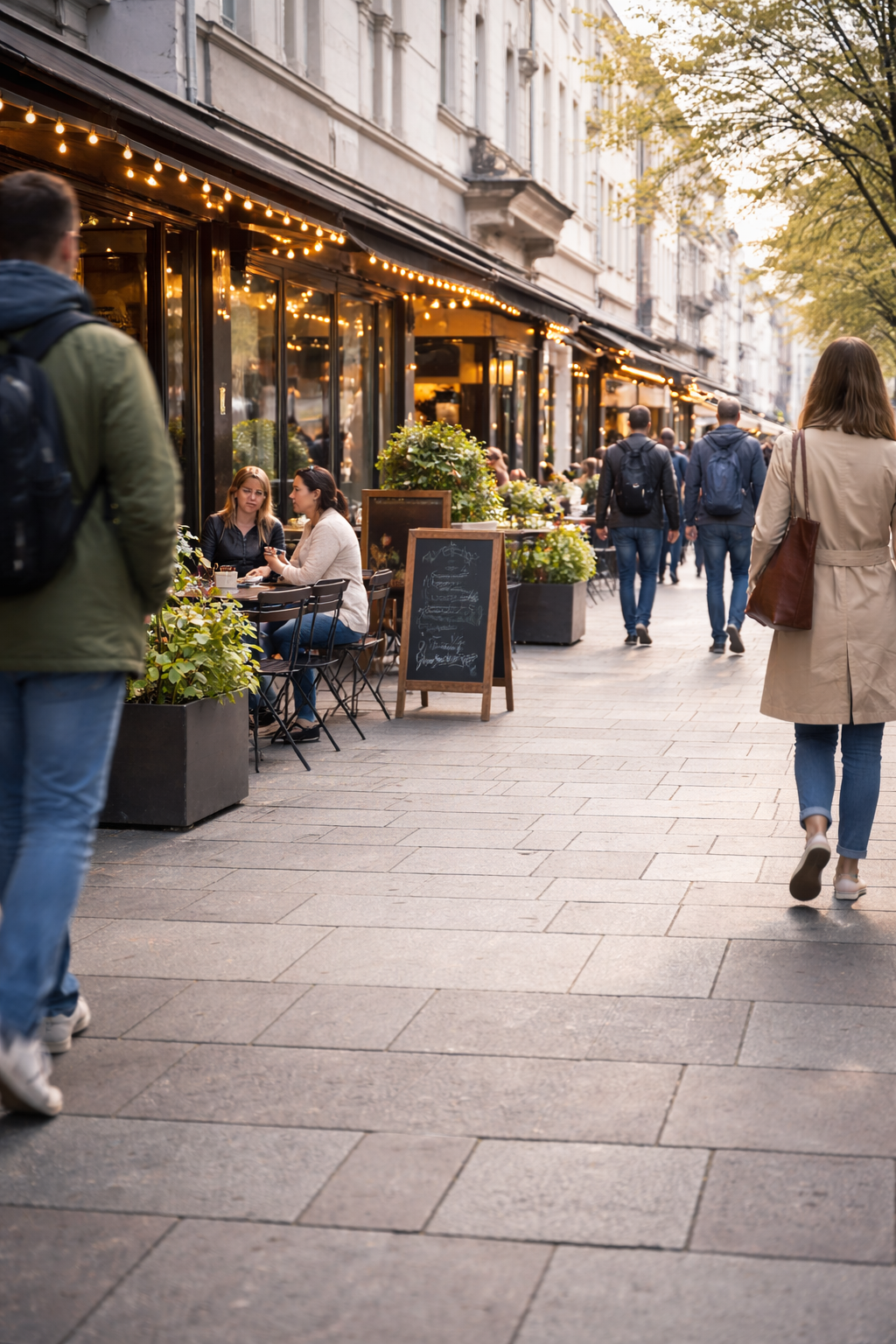 wiosenny ruch pieszy przed restauracją z ogródkiem na deptaku