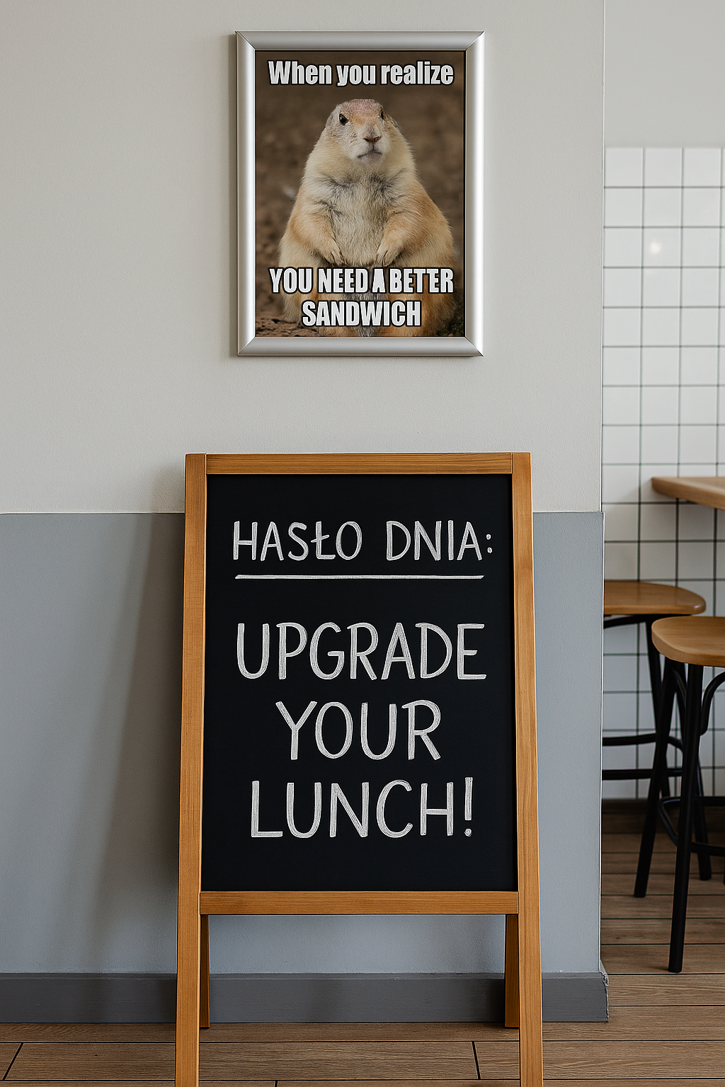 Ramka OWZ z memem oraz potykacz z napisem „Hasło dnia: Upgrade your lunch!” w nowoczesnym wnętrzu baru