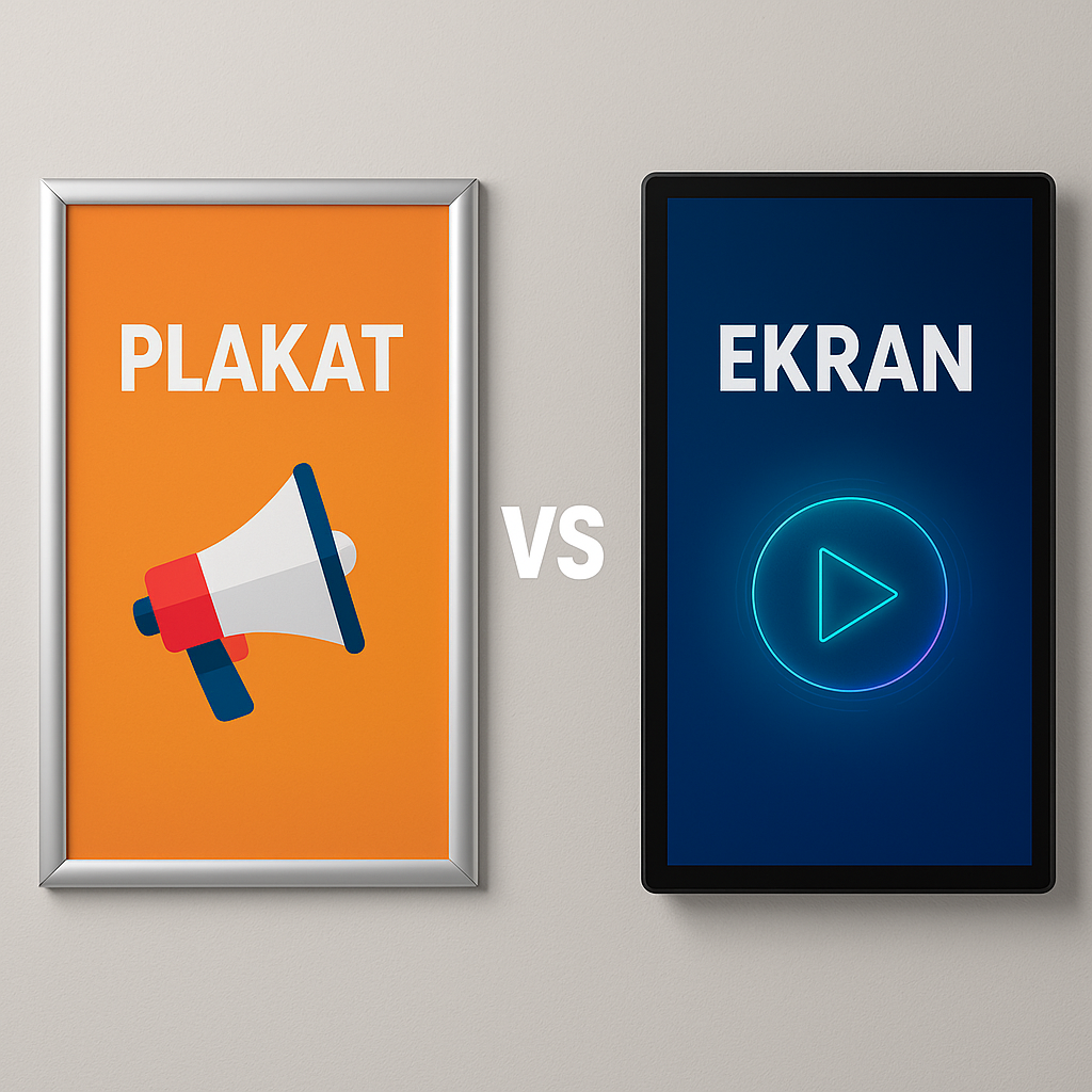 Porównanie plakatu w ramce OWZ i ekranu digital signage – klasyczne rozwiązanie kontra nowoczesna forma reklamy.