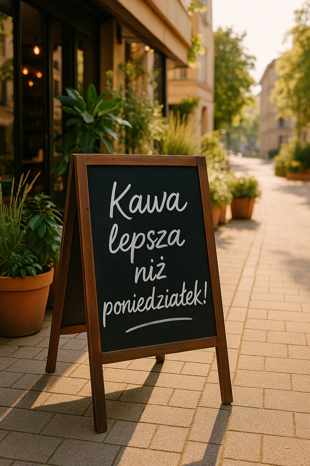 Potykacz kredowy z napisem „Kawa lepsza niż poniedziałek!” ustawiony przed kawiarnią, otoczony roślinami i w ciepłym świetle dziennym