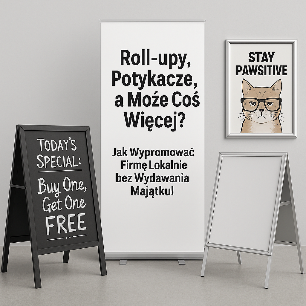 Zestaw promocyjny składający się z potykacza z promocją, roll-upa z hasłem reklamowym oraz ramki OWZ z zabawnym plakatem kota