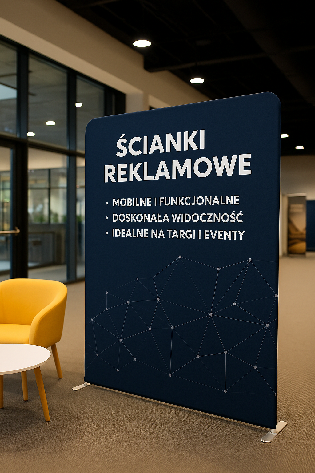 Niebieska ścianka reklamowa z białym napisem w jasnym wnętrzu eventowym, obok żółtego fotela i stolika