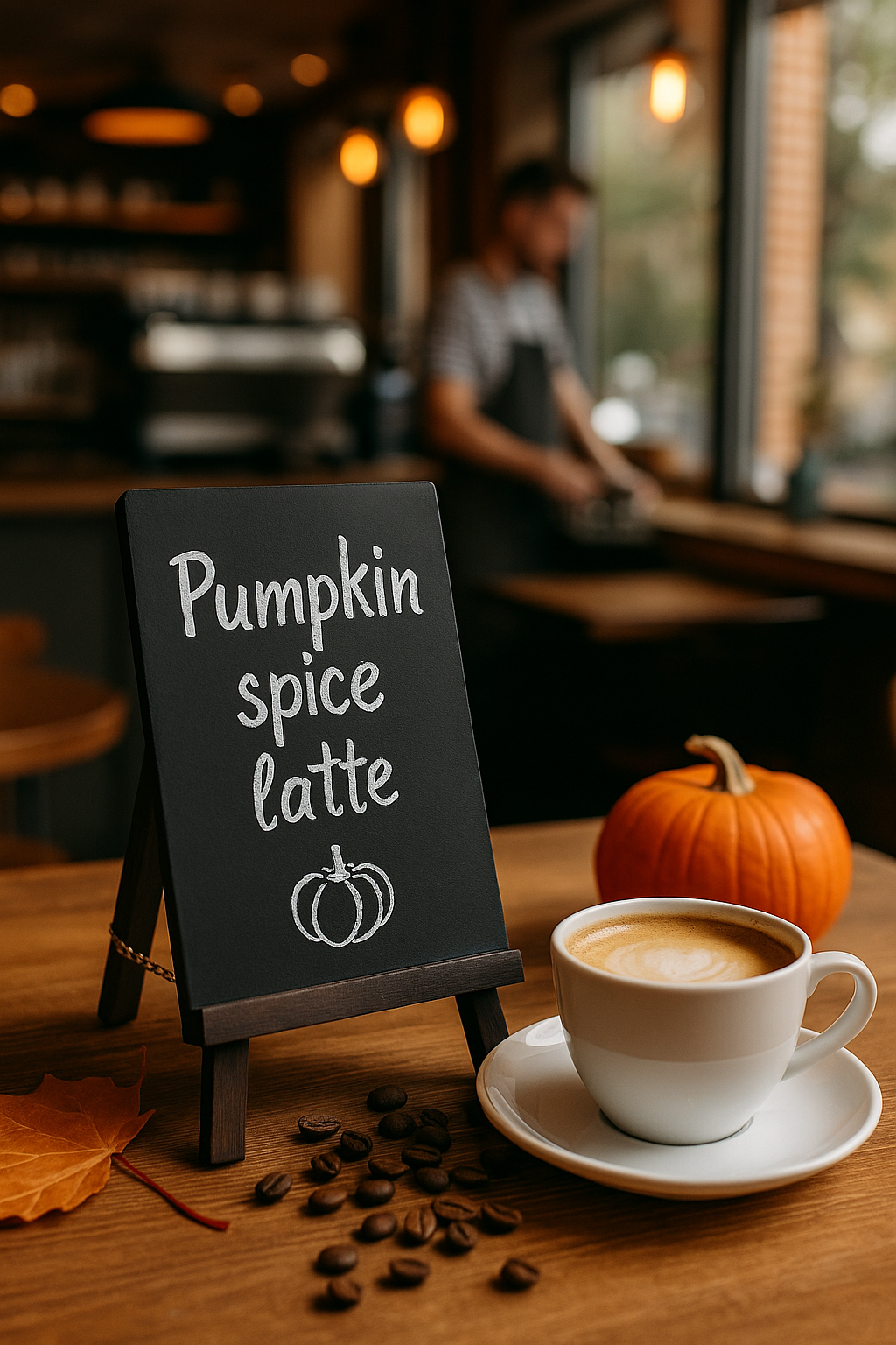 stojak kredowy na stoliku w kawiarni z napisem pumpkin spice latte