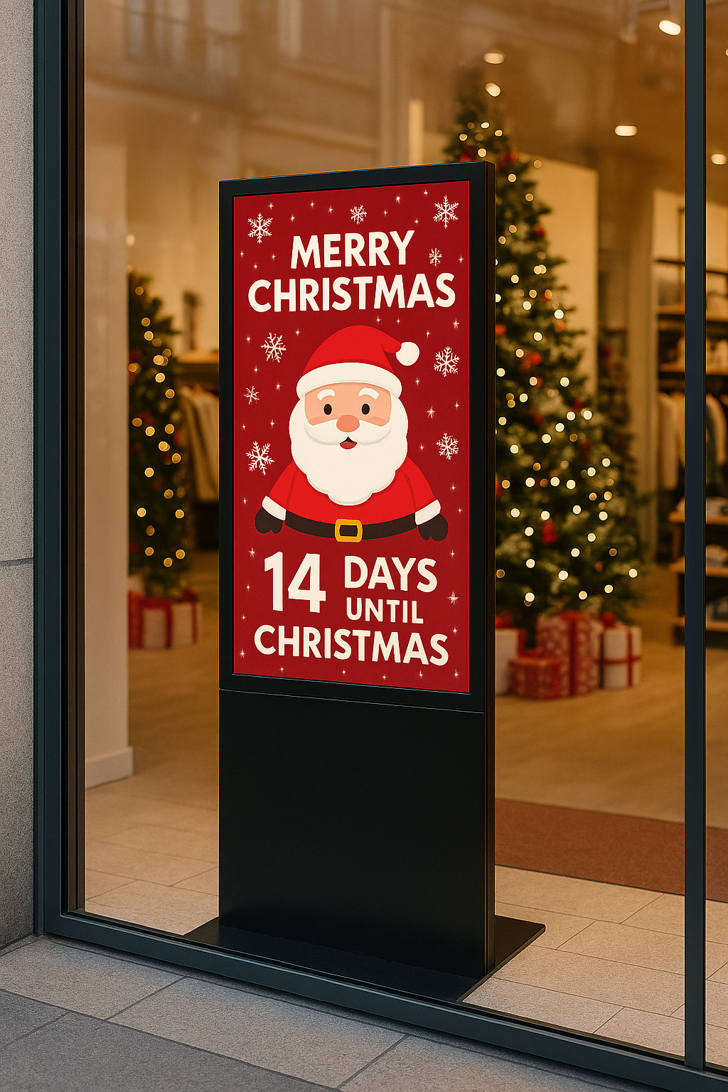 Totem Digital Signage w witrynie sklepowej wyświetlający świąteczną grafikę z odliczaniem do świąt.