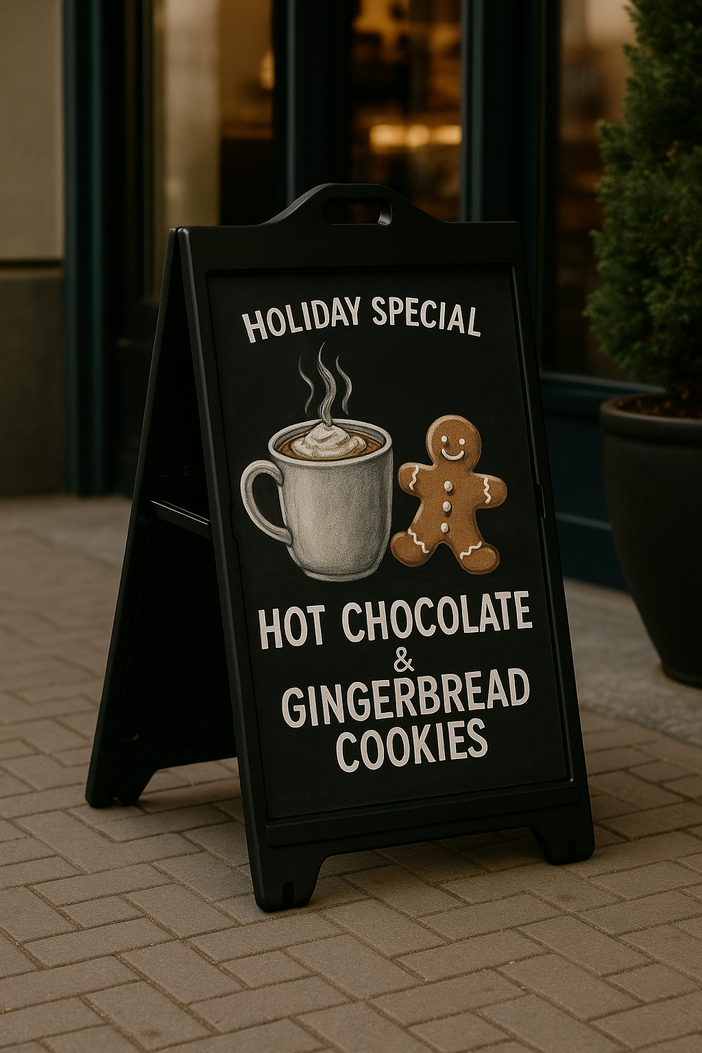Dwustronny potykacz przed kawiarnią z realistyczną świąteczną grafiką promującą gorącą czekoladę i pierniczki.