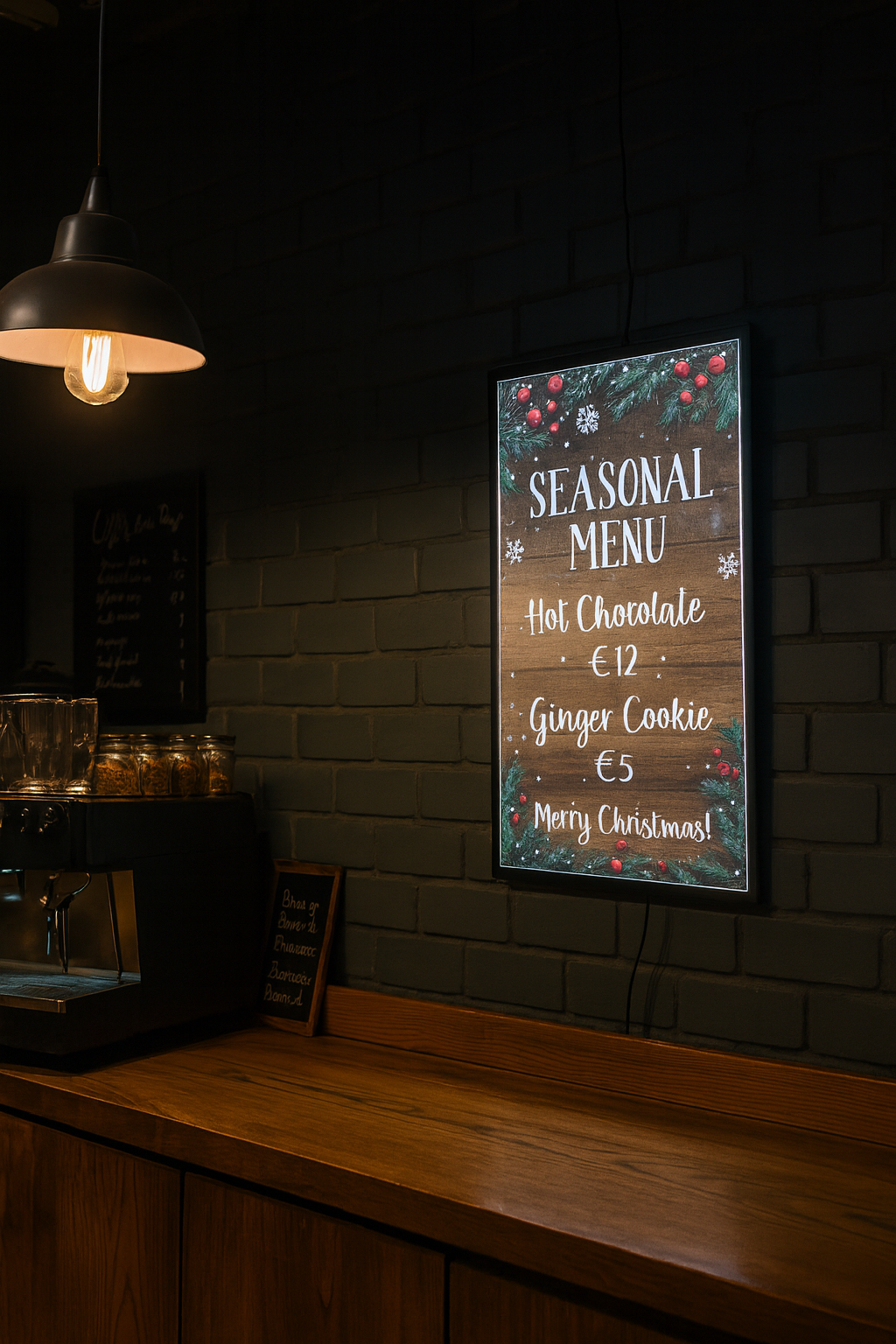 Podświetlana ramka LED z menu świątecznym w kawiarni, zawieszona na ścianie nad ekspresem do kawy.