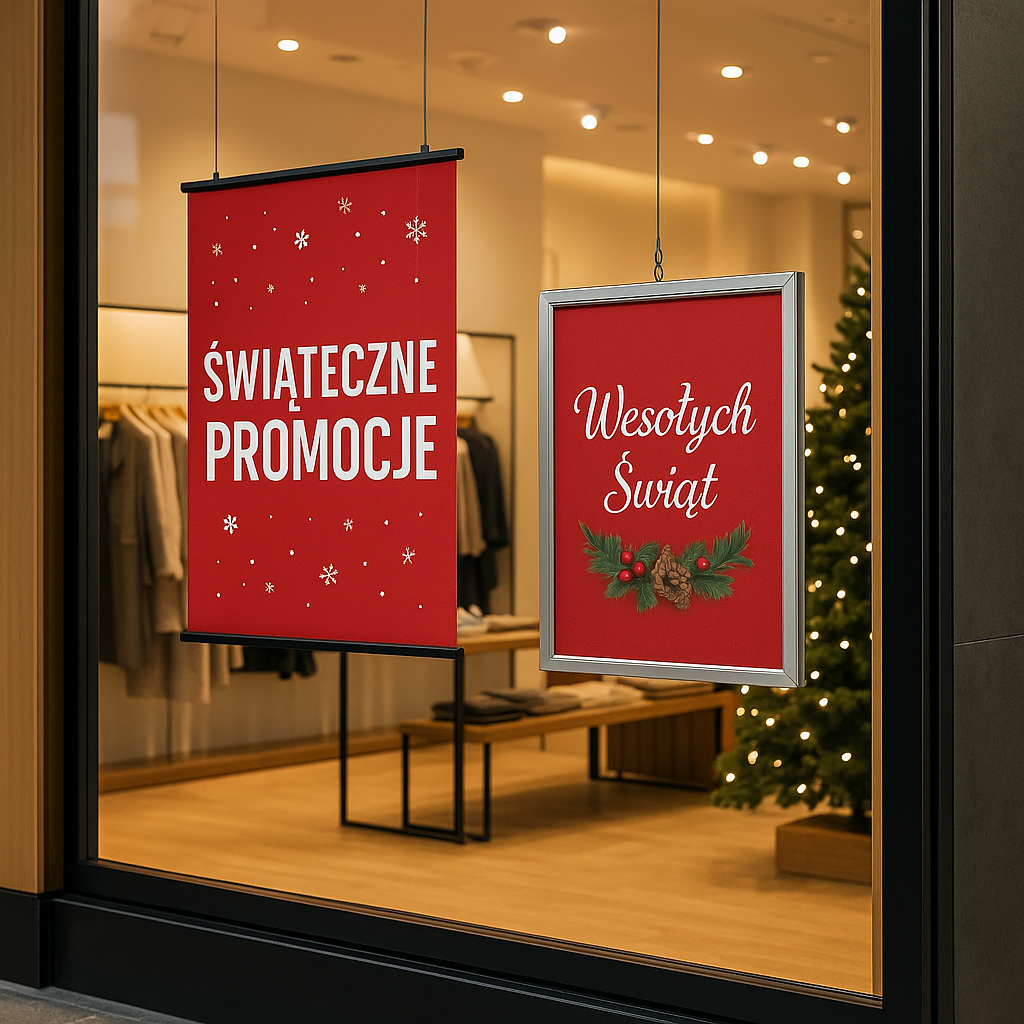 Świąteczne plakaty w listwach plakatowych i ramce podwieszanej Vertico, zawieszone w witrynie sklepu odzieżowego.