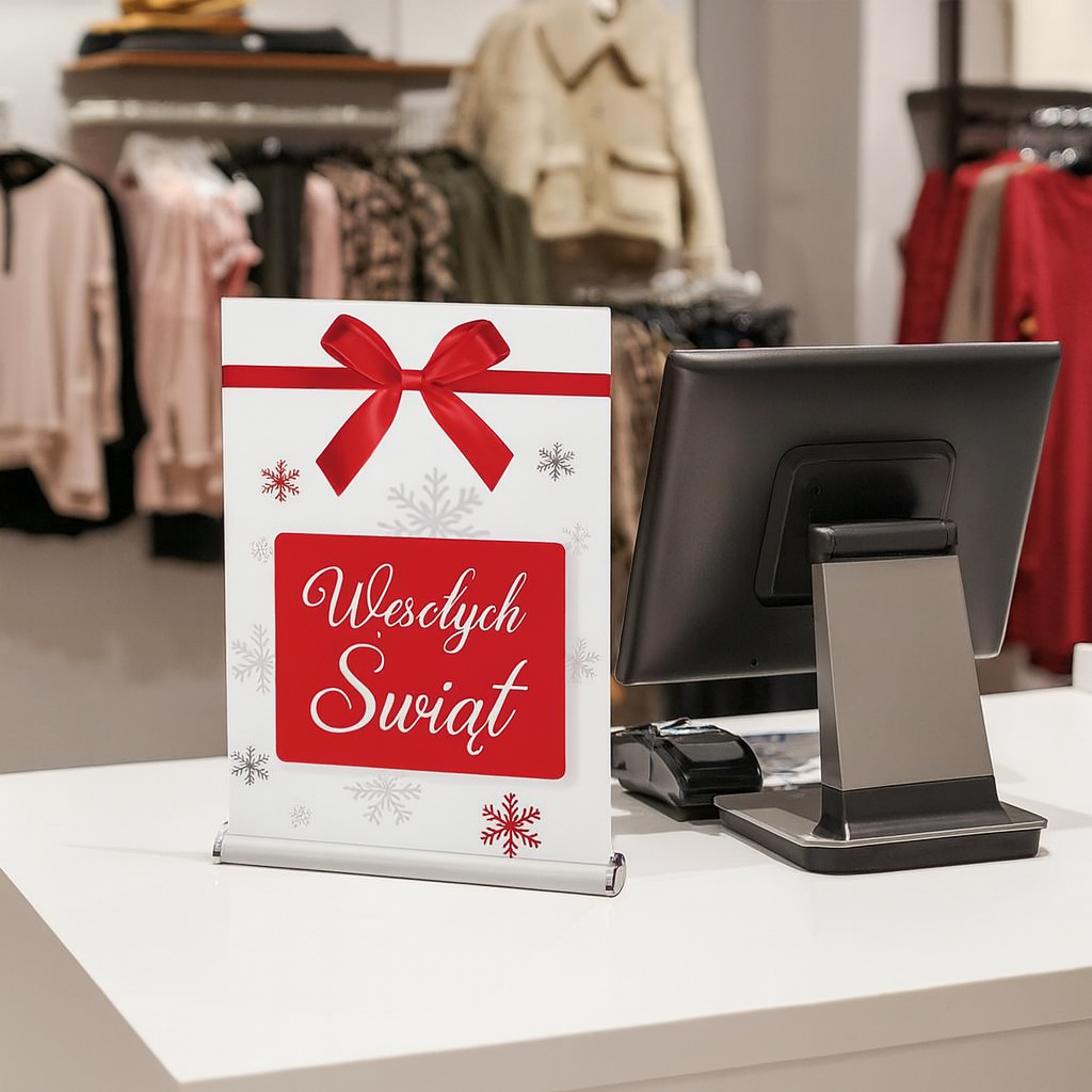 Mini roll-up stojący na ladzie w sklepie odzieżowym z czerwono-białą świąteczną grafiką „Wesołych Świąt”.