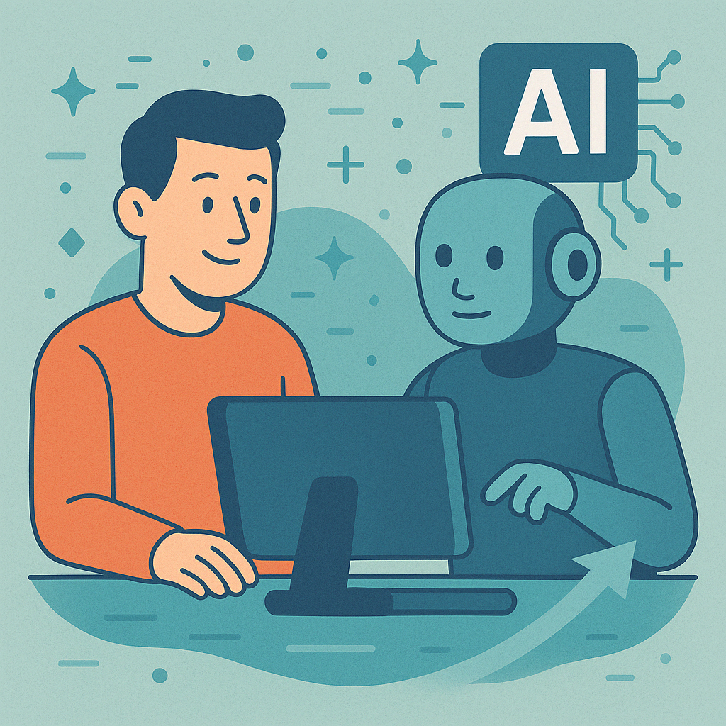 Człowiek pracujący przy komputerze razem z robotem AI – ilustracja symbolizująca współpracę człowieka i sztucznej inteligencji w marketingu.