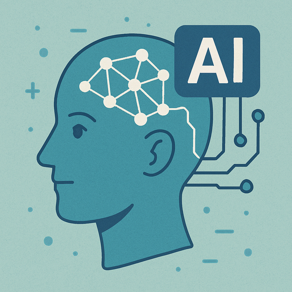 Profil ludzkiej głowy z siecią neuronową i ikoną AI – ilustracja koncepcji sztucznej inteligencji i analizy danych w marketingu.