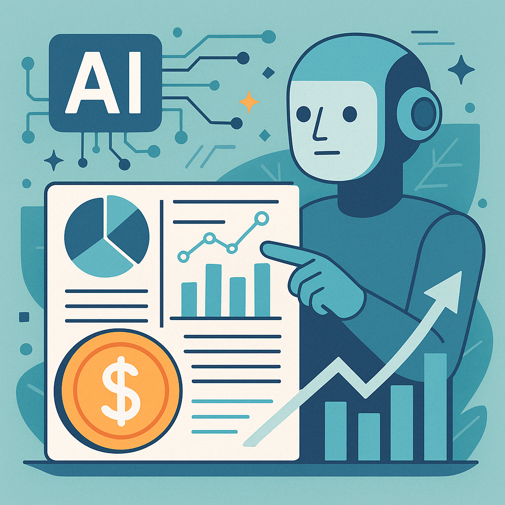 Robot analizujący dane na marketingowym dashboardzie – ilustracja pokazująca wykorzystanie sztucznej inteligencji do analizy i raportowania wyników kampanii.